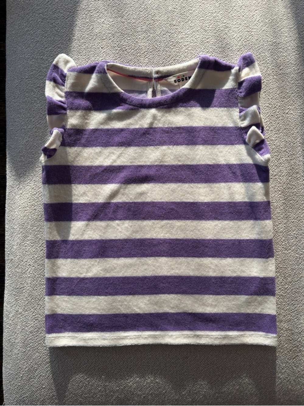 Mini Boden Purple and White Striped Terry Cloth Short Sleeve Shirt Size 9-10Y